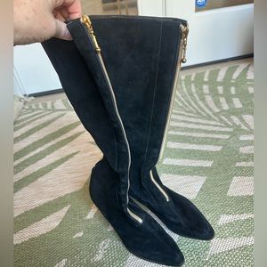 Black Suede Knee-High Boots with gold front zipper